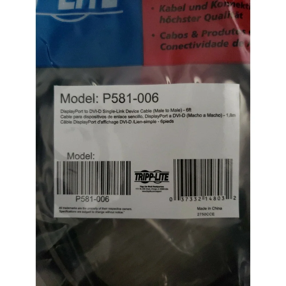 Tripp Lite P581-006 6' DisplayPort to DVI-D Adapter Cable Black
